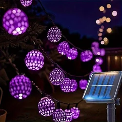LED Moroccan Ball Solar String Lights - Waterproof Decorative Outdoor Lighting with 8 Modes for Garden and Event Decor (Purple)