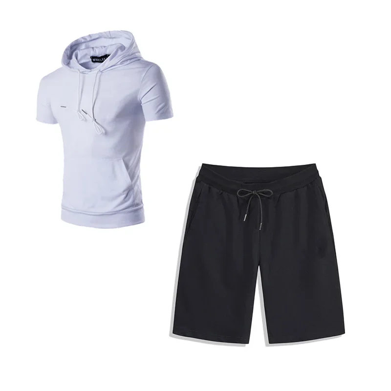 Summer Men Tracksuit Hooded Short Sleeve T Shirt and Shorts Two Pieces Set Solid Color Casual Breathable Male Joggers Outfits