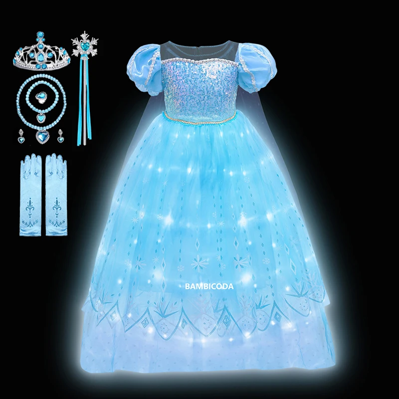 Elza Costume for Girl Birthday Party LED Light Dress up Cloak Carnival Clothing Princess Dress for Girls dresses 4