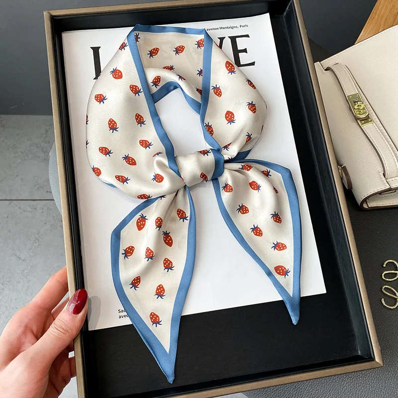 Skinny Ribbon Silk Scarf Women Lovely Fruits Print Foulard Hairband Headband Female Soft Satin Handle Bag Neck Ties Neckerchief 4