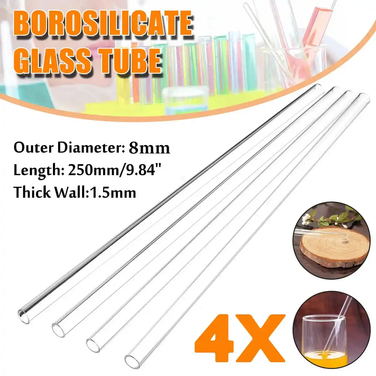 250mm OD 8mm 1.5mm Thick Wall Borosilicate Glass Blowing Tubes 4Pcs for Lab stainless steel tube brass tube aluminium tube plastic tube carbon fiber tube copper tube steel pipe carbon steel tube