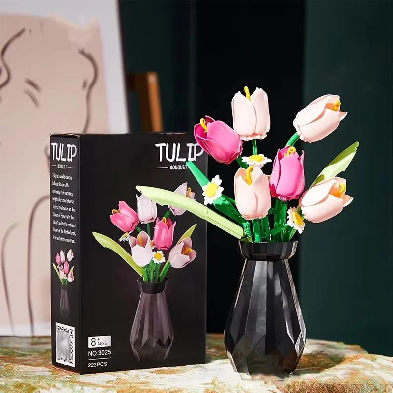 장미 튤립 꽃 모델 빌딩 블록 세트 3D 꽃다발 브릭 DIY 어린이 장난감 홈 데코레이션 성인용 소녀들을 위한 휴일 선물