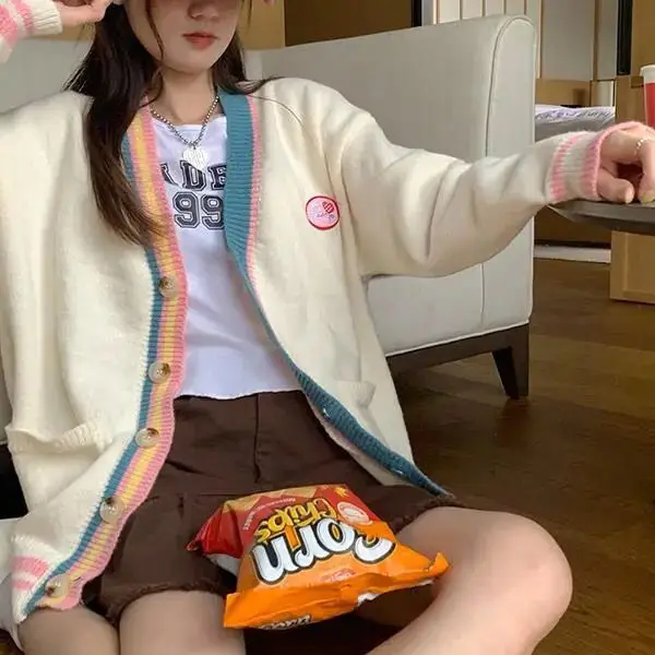 

Женский трикотажный кардиган с длинным рукавом, зимний свитер в японском стиле Хан, свободный Джокер, подходящий цвет, y2k