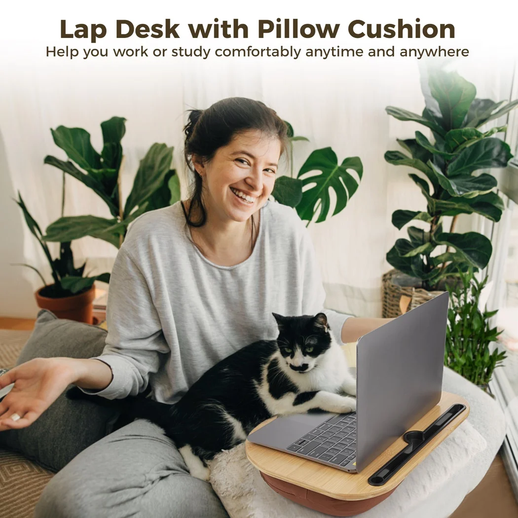 Lap Desk With Pillow Cushion Bamboo Laptop Stand For Tablet Phone Laptop Desk Tray Computer Bed Table Support up to 14" Laptops
