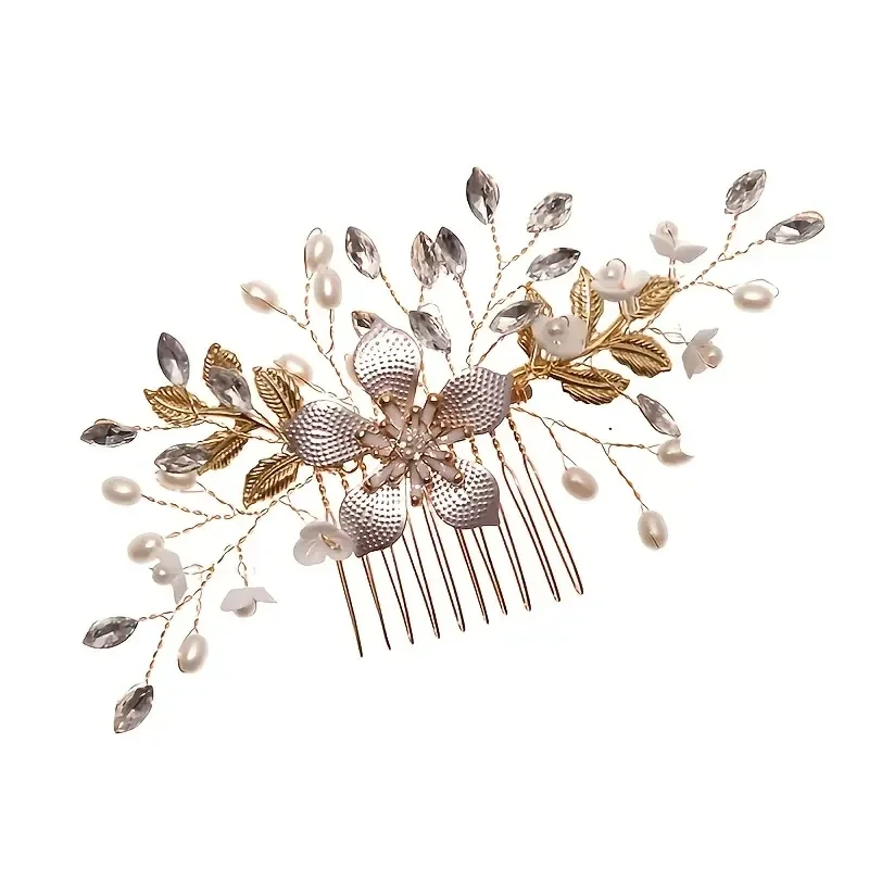 Bridal Wedding Pearl Flower Hairpin Side Comb Golden Leaf Shaped Alloy Tiaras Insert Jewelry Comb Hair Jewelry Bride Headwear hair accessories