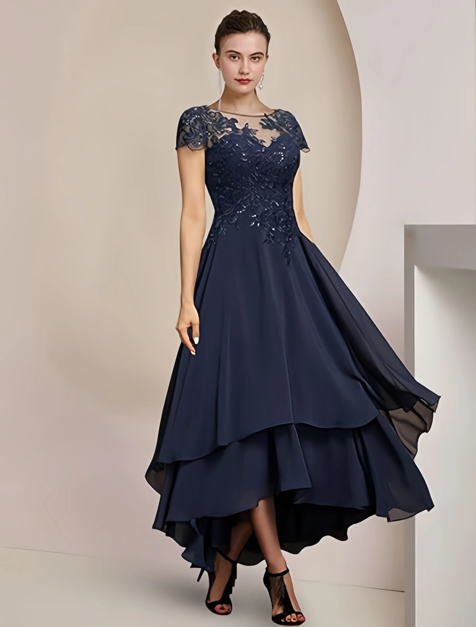 Mother Bride Dresses TXxuelian Lace Wedding Short Sleeve Ruffle Chiffon Evening Gown Tea Length Women Formal