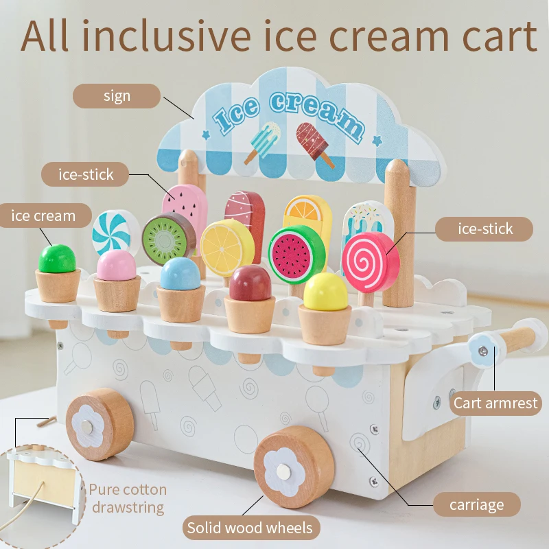 Wooden Ice Cream Girl Toy Kitchen Pretend Play Toys Kitchen Accessories Simulation Ice Cream Shop Montessori Education Toy Gifts
