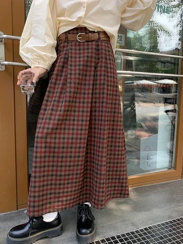 

Vintage Red Plaid Woolen Skirt For Women Autumn Elegant Pockets Loose A-line Pleated Skirt Korean Preppy Style Long Skirt Female