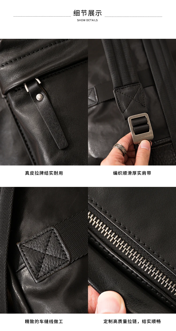 PNDME einfache lässige Luxus echtes Leder Herren große Kapazität Rucksäcke Outdoor-Reise Designer Rindsleder Laptop schwarze Tasche – Detail 8
