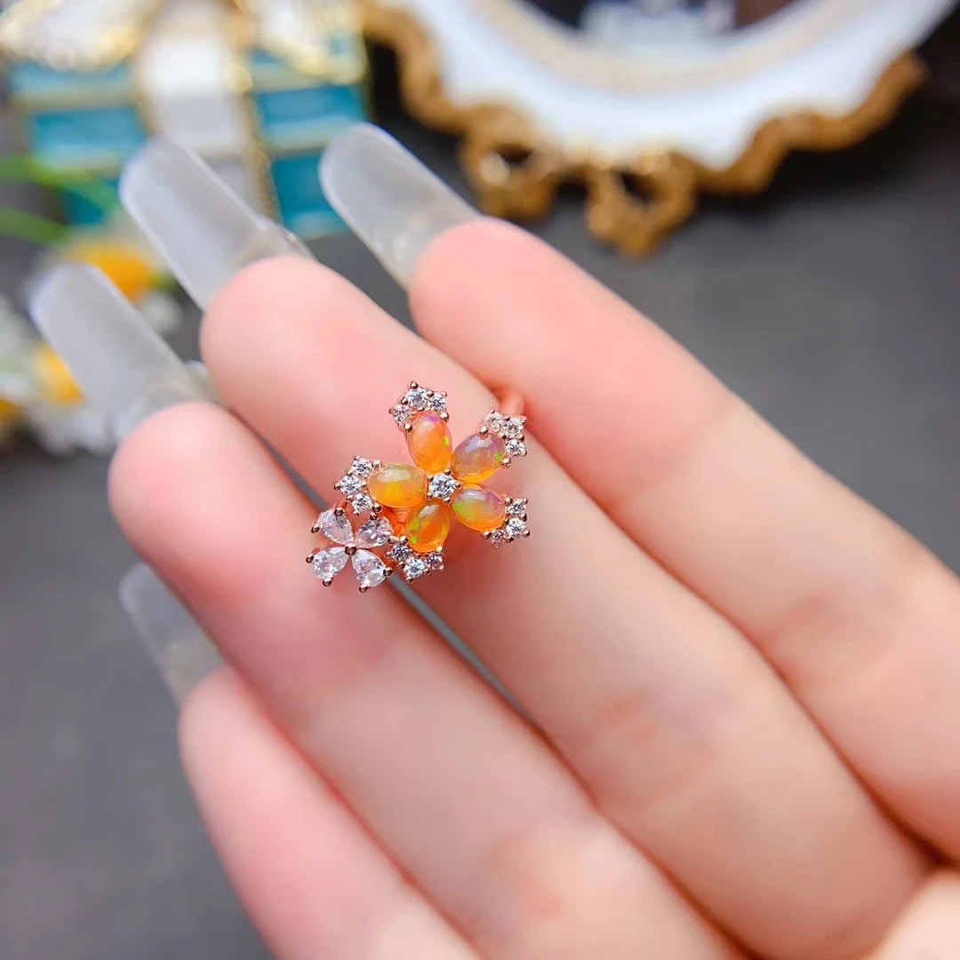 MeiBaPJ 3mm*5mm Natural Fire Opal Gemstone Fashion Colorful Ring for Women Real 925 Sterling Silver Charm Fine Wedding Jewelry