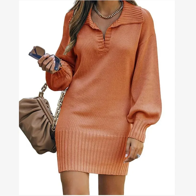 

2022 Women's Sweater Mid-Length Sweater Skirt Lapel Lantern Sleeve Knitted Solid Color Long Dress V-neck