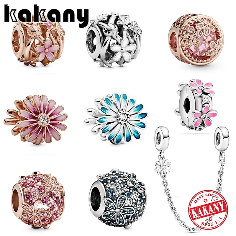 

New Fashion S925 Sterling Silver White, Pink Daisy Flower Bouquet Series Charm DIY Jewelry Original Woman Romantic Gift