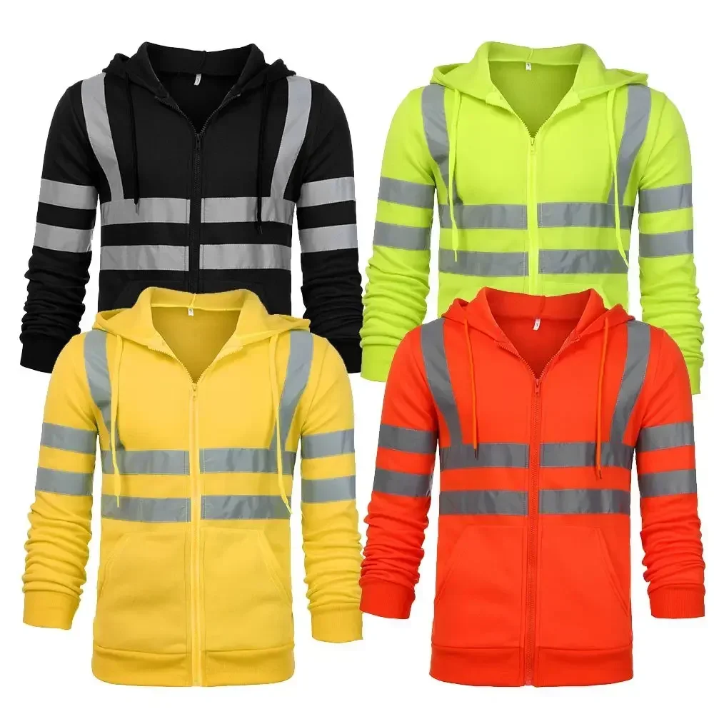 

Work Fleece Hoodie Night Sweatshirt Tops Vis High Zip Jacket Visibility Hi Hooded Pullover Viz Reflective