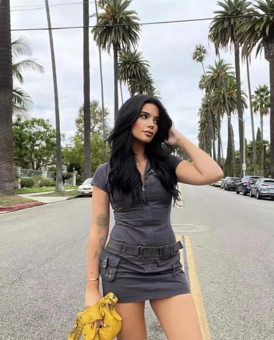 

Fashion Classic Trendy Luxury Design Retro Wrapped Hip Pocket Black Cargo Short Sleeved Dress Women I2
