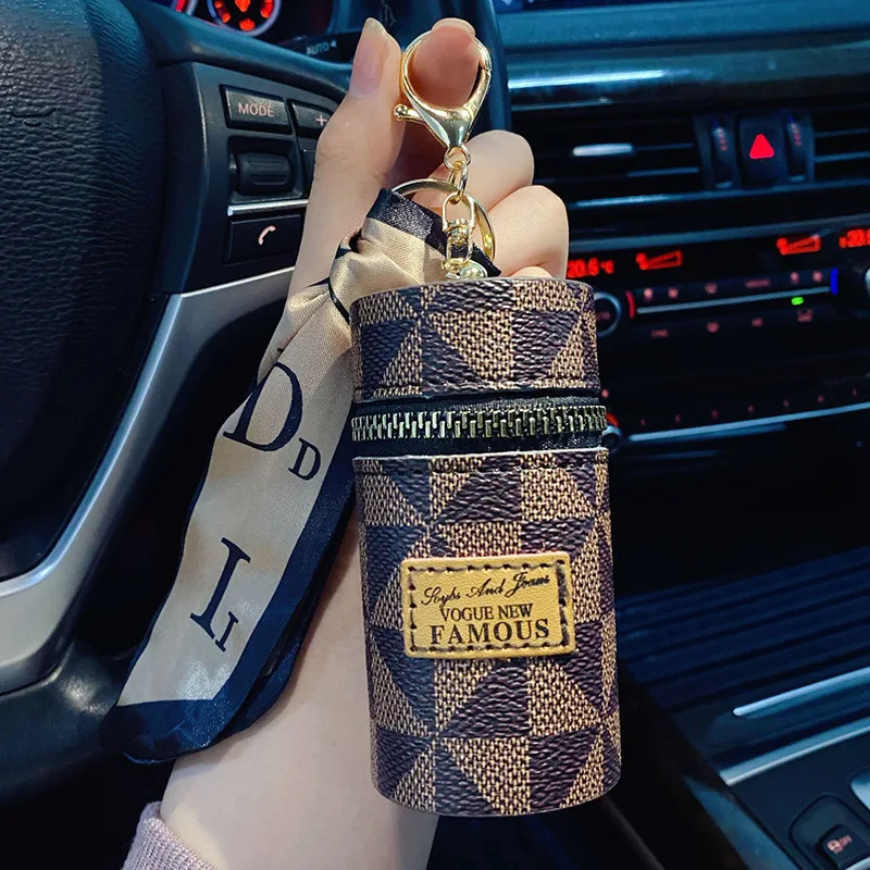 Creative Luxury Leather Plaid Mini Lipstick Bags Keychain Fashion Exquisite Storage Bag Keyring Female bag Car Key Chain Pendant