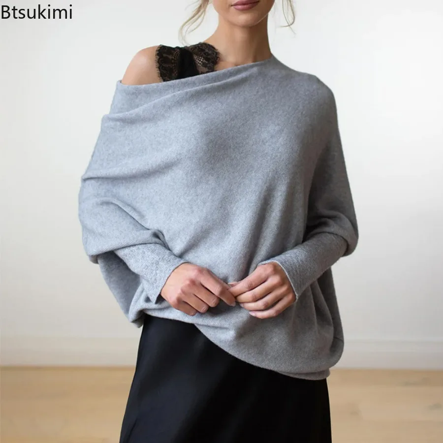 

2024 Women's Knitted Pullover Sweater Top Autumn Winter Elegant Solid Long Batwing Sleeve One Shoulder Soft Knitwear Tops Female