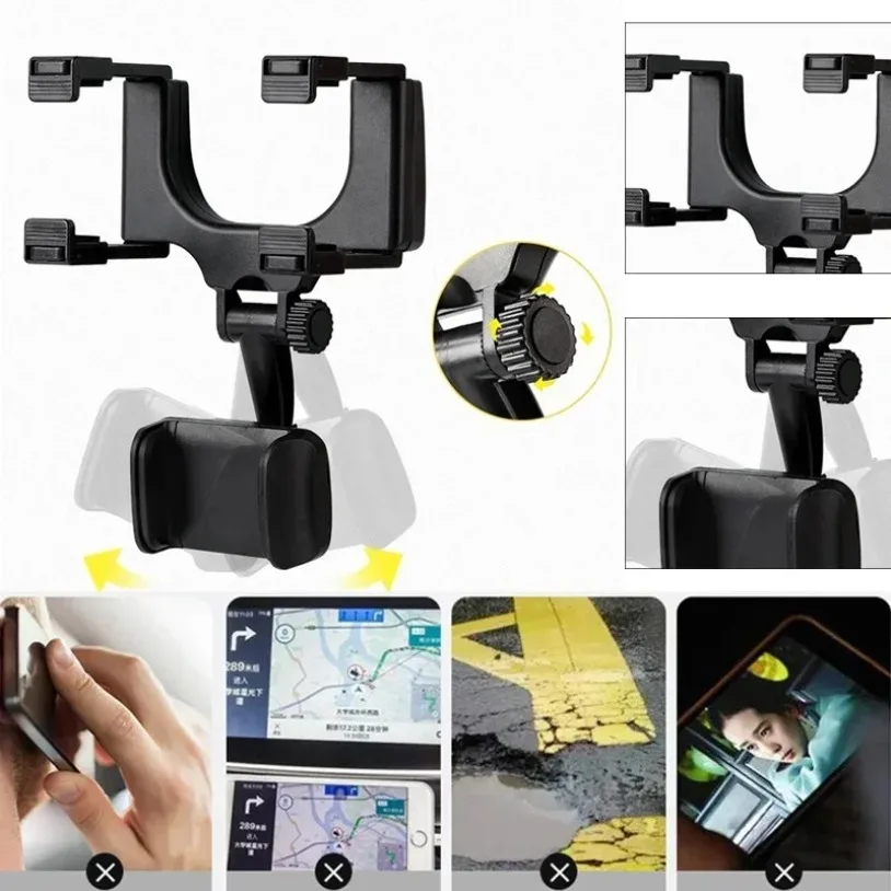 360 Car Mirror Mount Bracket Phone Holder Rearview Navigation GPS Mobile Stand Clip Foldable Adjustable Car Cell Phone Support