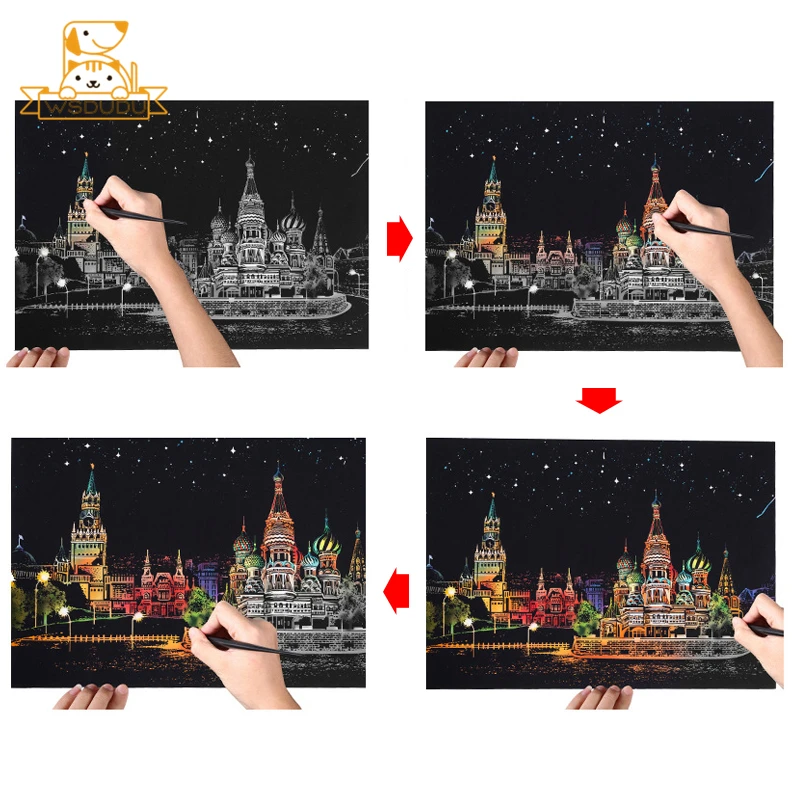 2PCS Scratch Paper Magic Painting Kit Art Night Scene World Landmarks Animals Drawing Toys with Pen Crafts Card Game Adult Gifts 4