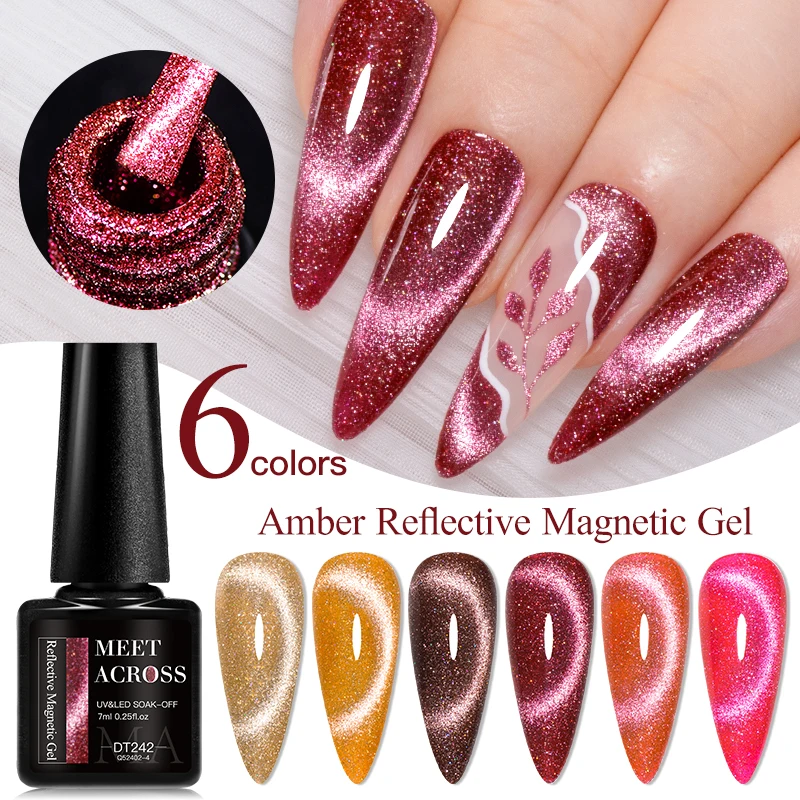 MEET ACROSS 6Pcs/Set Amber Reflective Cat Magnetic Gel Nail Polish Autumn Glitter Brown Coffee Series Nail Art UV Gel For Nails 4