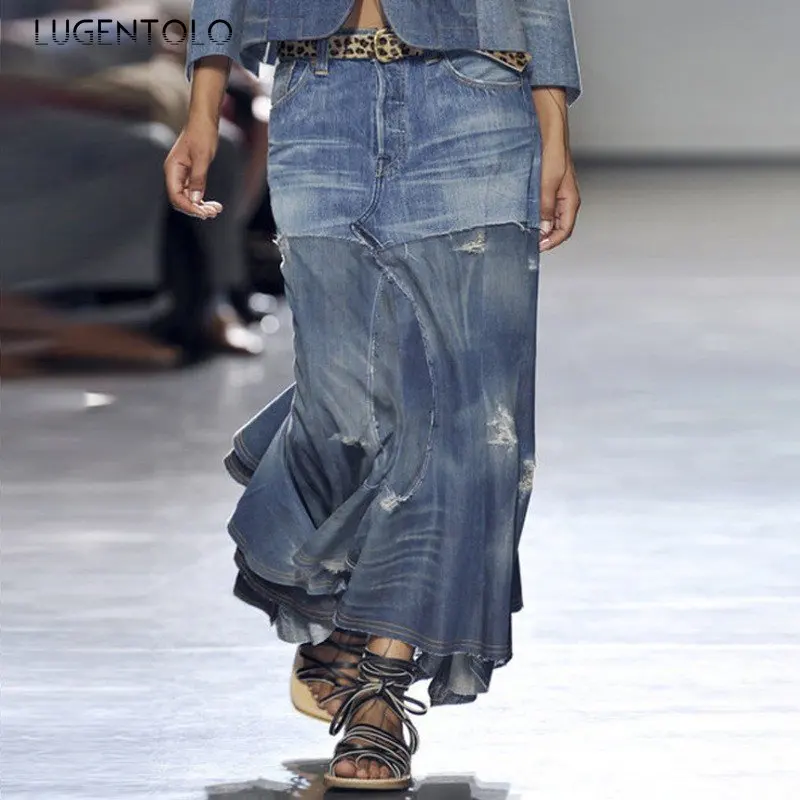 

Lugentolo Women Denim Skirt New Panels Irregular Hem Spring Autumn Casual High Waist Washed Ripped Fashion Large Size Streetwear
