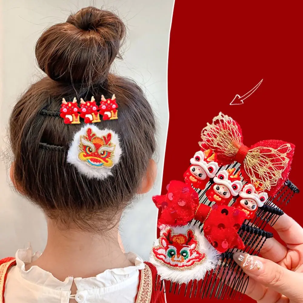 

Embroidery Children Red Hairpin Hair Clip Awakened Lion Lion Dance Hair Comb Ancient Headwear Dragon Chinese New Year Headwear