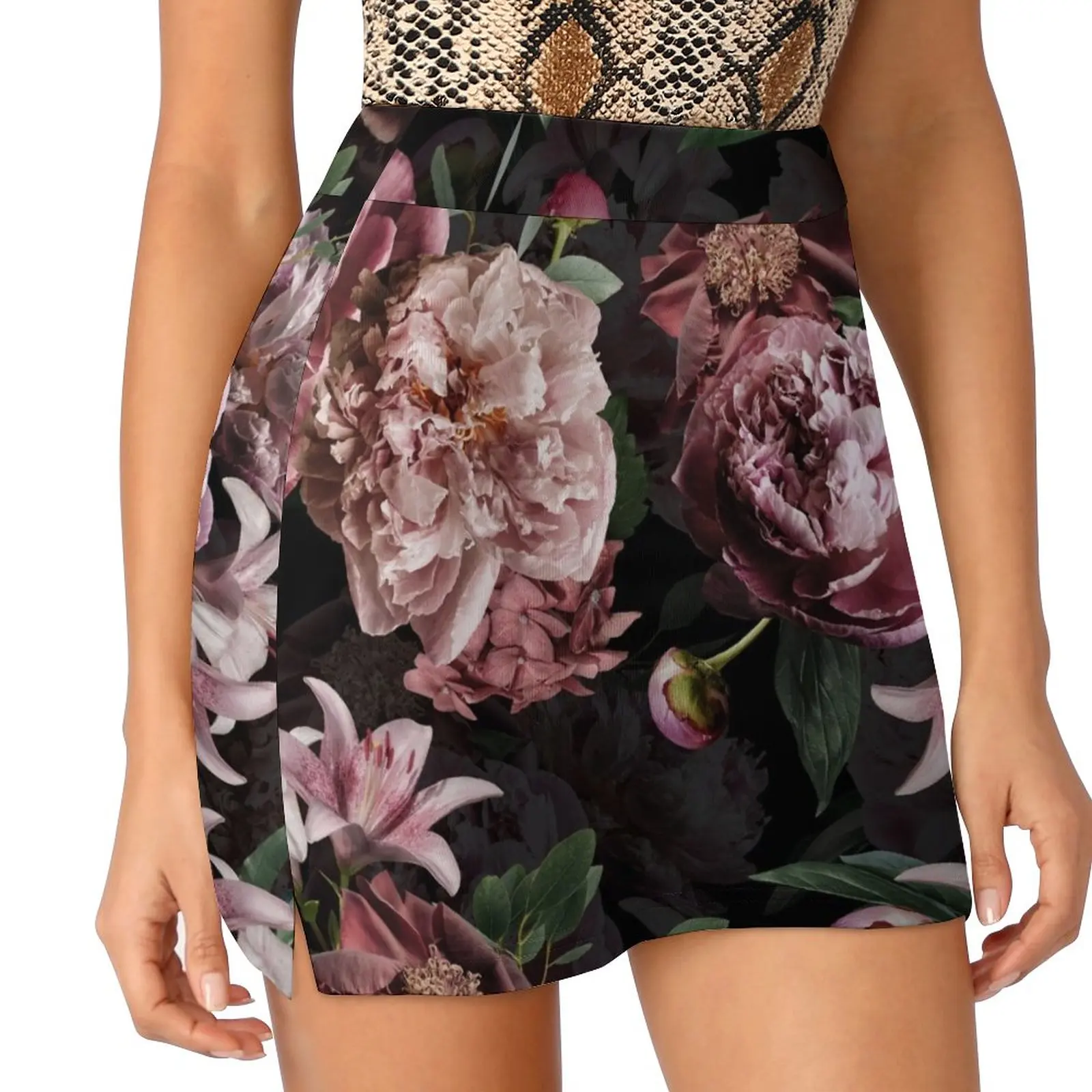 

Blush Peonies On Black Real flowers Pattern Light proof trouser skirt micro mini skirt extreme fashion korean clothing