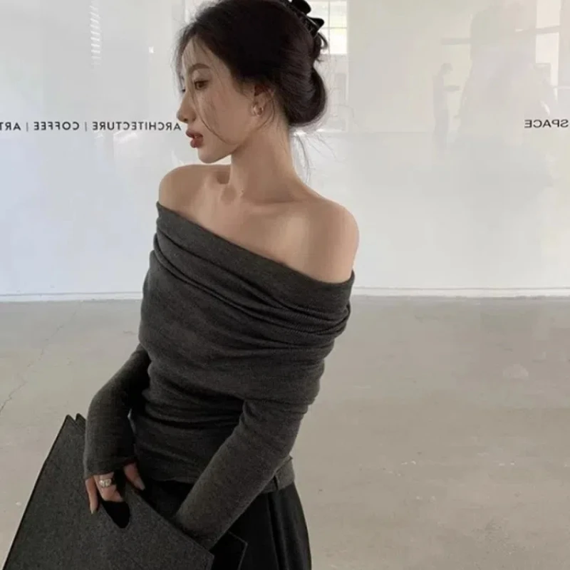 Autumn and Winter One Shoulder Sweater for Women Large Collar Off Shoulder Gentle Temperament Long Sleeve Knitted Sweater 132