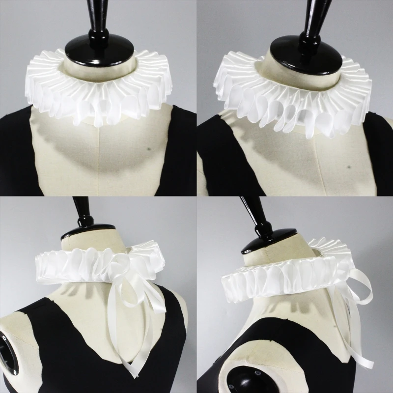 

Women Romantic Ribbon Bow Ruffled Fake Collar Victorian Renaissance Neck Ruff White Satin Clown Choker Cosplay Costume Dropship