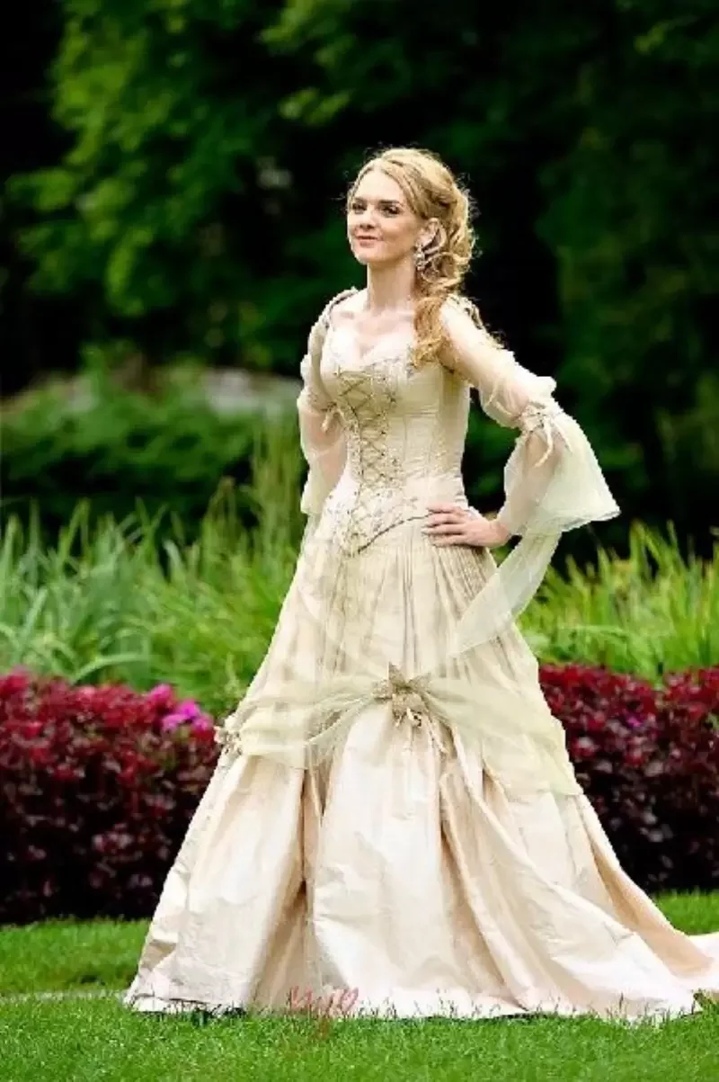 

Vintage Celtic Renaissance Wedding Dress A-Line Gothic Corset Bridal Gowns Flare Long Sleeve Fantasy Medieval Bride Formal Wear
