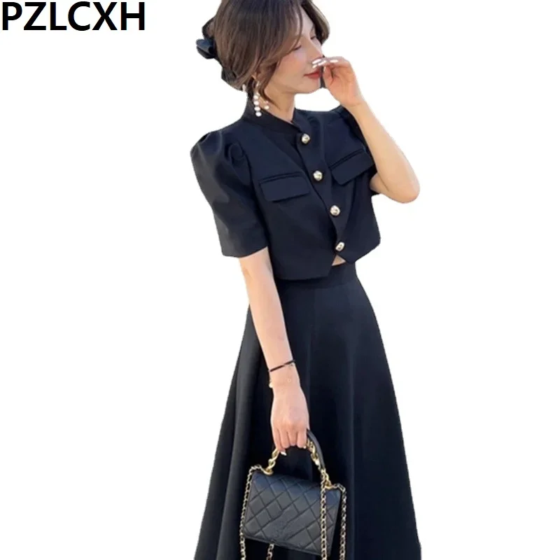 Office Lady Korea Elegant Two Piece Sets Vintage Chic Fashion Puff Sleeve Crop Top + A Line Midi Skirts Suit Retro Summer Outfit