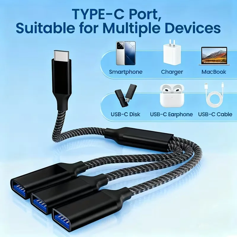 USB 1-3 연장 케이블, 1입력 3출력, USB-C 1개의 남성 커넥터를 3개의 여성 커넥터로 변환하는 어댑터, USB 다기능 고속 충전 케이블-C 인터페이스