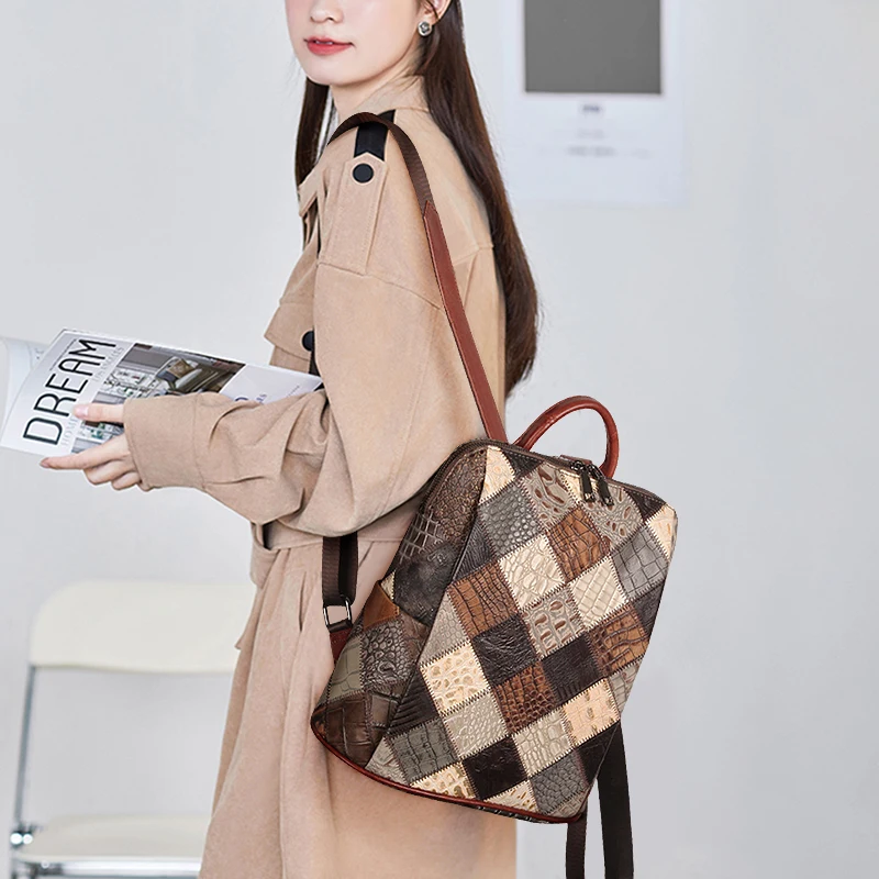 Women's Retro Backpack Genuine Leather Shoulder Bags 12 Inches Travel Bag For Lady Patchwork Quality Laptop Bag New Fashion 5