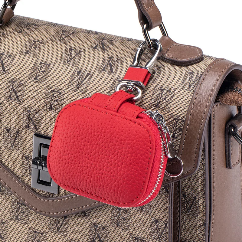 Compact universal genuine leather keybag with leather waist hanging, suitable for Apple Bluetooth earphone protective case