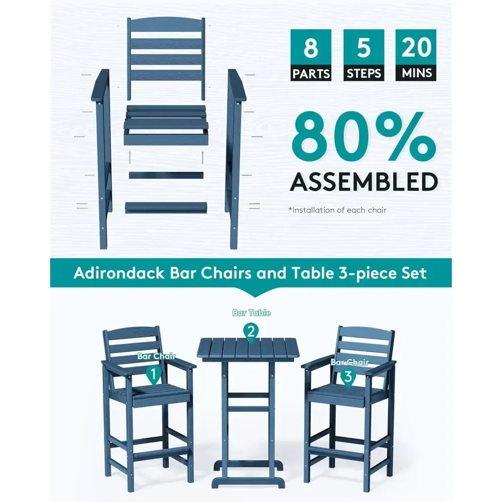 Outdoor Patio Adirondack 3-Piece Set with Chairs and Table, Pair of Adirondack High Bar Stools and Bar Table, Set of Outdoor Bar