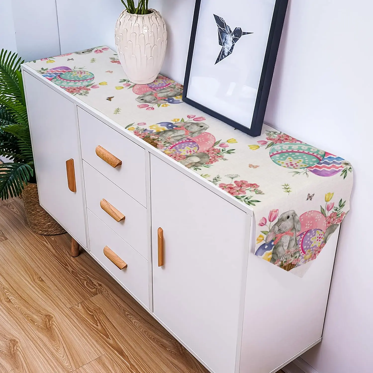 Bunny Eggs Flower Tulip Easter Linen Table Runners Dresser Scarf Table Decor Washable Kitchen Dining Coffee Table Runners Decor 5