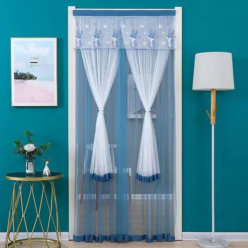 Lace Embroidered Door Curtain, Punch-free Mosquito Screen Curtain, Breathable Bedroom Partition Curtain, Double Layer