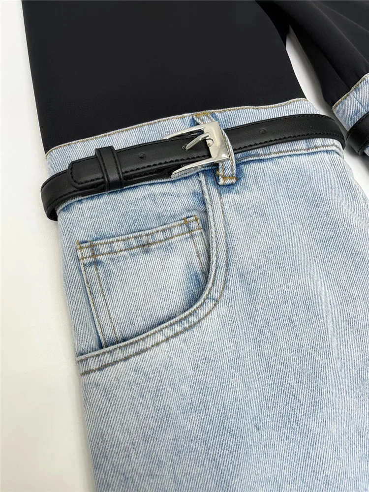 LGRQ 2024 Summer New Fashion Women's Jeans High Waist Straight Patchwork PU Leather Buckle Streetwear Denim Pants Tide 17A2013H images - 6