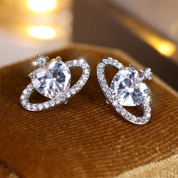 White Zircon Love Heart Stone Small Round Stud Earrings For Women Vintage Silver Color Wedding Earring Valentine Jewelry Gifts