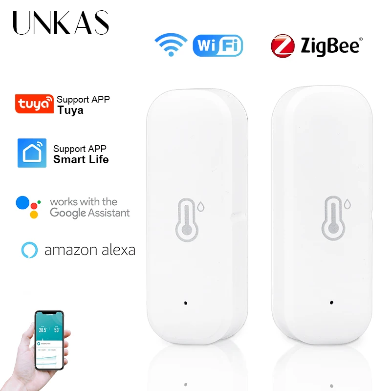 

UNKAS Tuya ZigBee / WiFi Smart Temperature And Humidity Sensor Battery Powered Security Work With Alexa Google Home