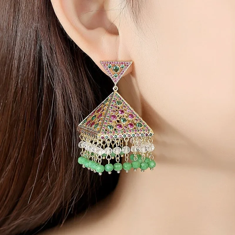 

Vintage Green Earrings Copper Inlaid Zircon Earrings Indian Ethnic Style Hollowed Out Banquet Earrings