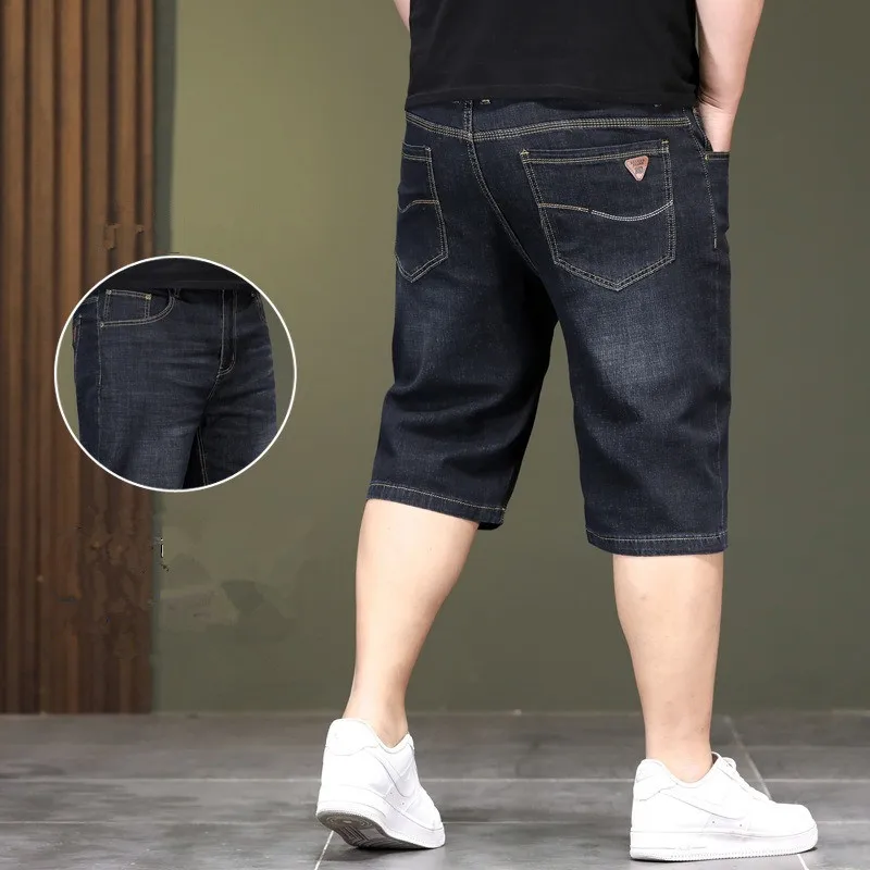 Summer Thin Denim Shorts Men Stretched Loose High Waisted Plus Size 40 44 46 48 Half Jeans Gray Black Capri Cropper Trousers 2