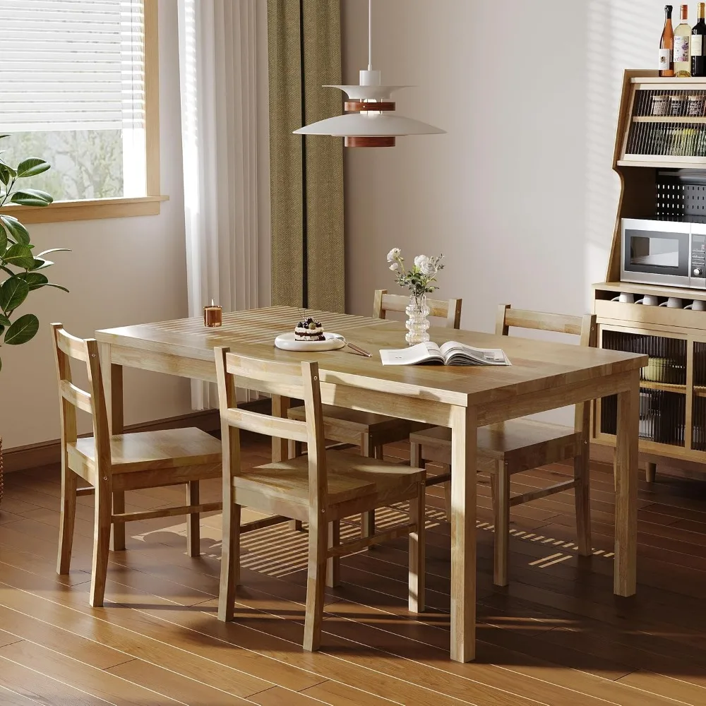 43.3 inch Solid Wood Indoor Modern Rectangular Dining Table Set for 4, Table and 4 Solid Wood Dining Chairs for Kitchen 4