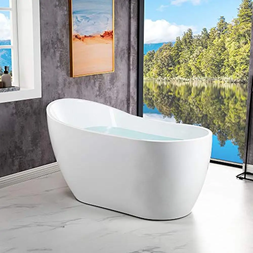 54" Acrylic Freestanding Bathtub with Matte Black Overflow and Drain Luxury Non-Slip Design 55 Gallons Capacity High Gloss White 2