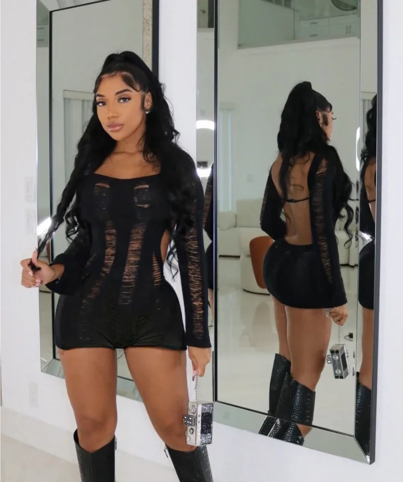 2023 New Spring/Summer Fashion Long Sleeve Hollow Open Back Sexy Tight Wrap Hip Casual Wool Weaving Dress Women Clothing
