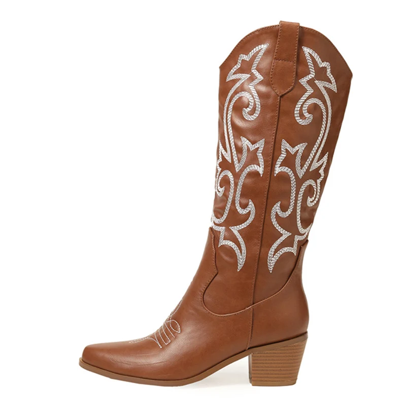 Autumn Winter Fashion Embroidered Western Cowboy Boots Women Leather Pointed Toe Low Hoof Heels Slip On Knee High Shoes