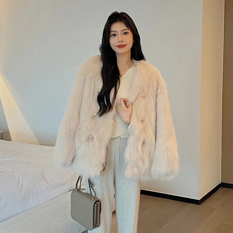 Women Imitation Fox Fur Coat 2024 Korean Fashion Button Patchwork Midi-Length Outwear All-Match Loose Plush Winter Jacket S-L