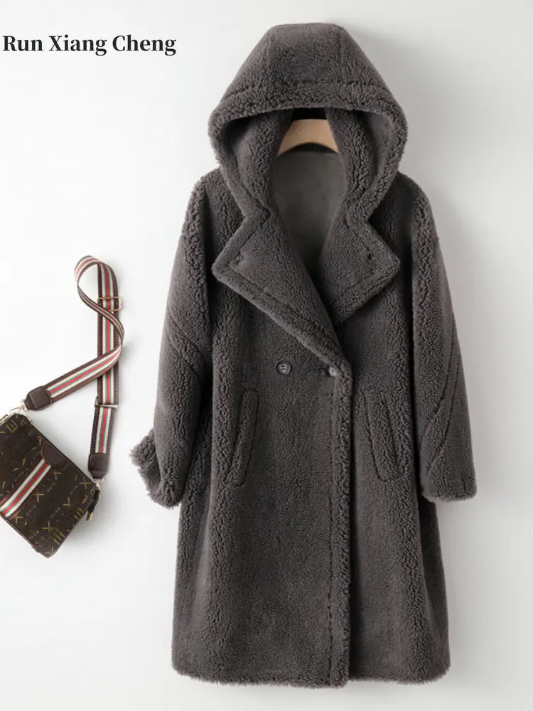 Women's Coat 2023 Winter New Oversize Plush Elegant Designer Outerwear Teddy Hooded Fur Integrated Luxury Lamb Fur Long Coat