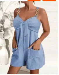 Women's Jumpsuit Summer New Product Recommendation Solid Color Lace Up Pocket Design Metal Buckle Suspender Casual Jumpsuit