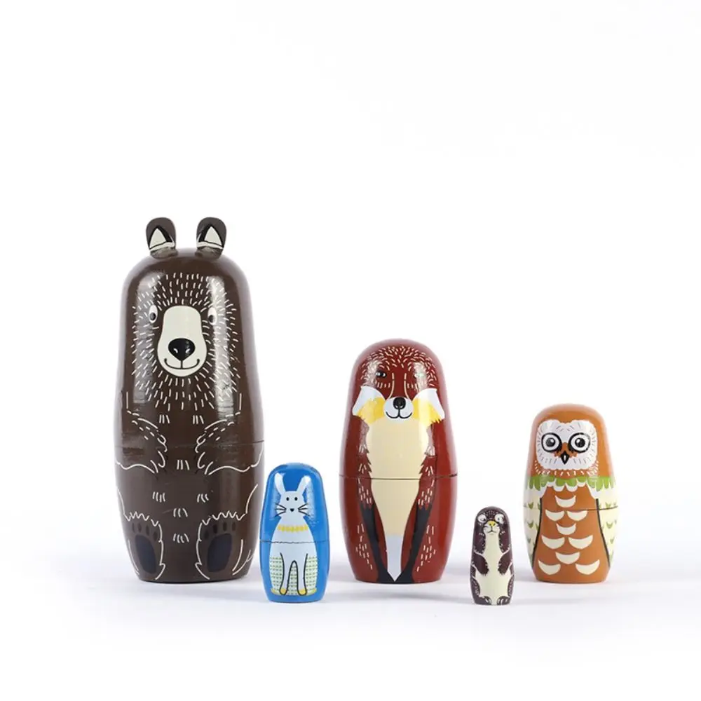 Cute 5Pcs/Set Animal Matryoshka Doll Smooth Wood Girls Russian Doll Craft Safe Wooden Stacking Dolls Xmas