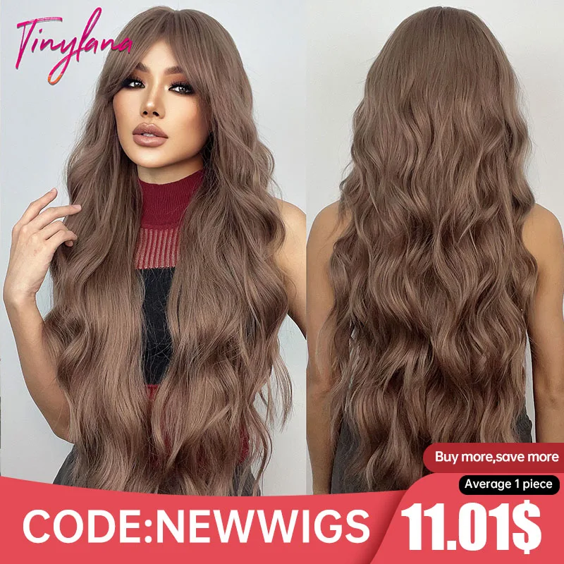 

Super Long Curly Chocolate Brown Synthetic Hair Wigs with Bangs Cosplay for Women Afro Water Wave Natural Heat Resistant Wig